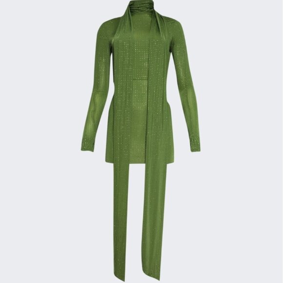 Alex Perry Fern Green Crystal Embellished Long-Sleeve Scarf-Neck Mini Dress - Picture 2 of 9